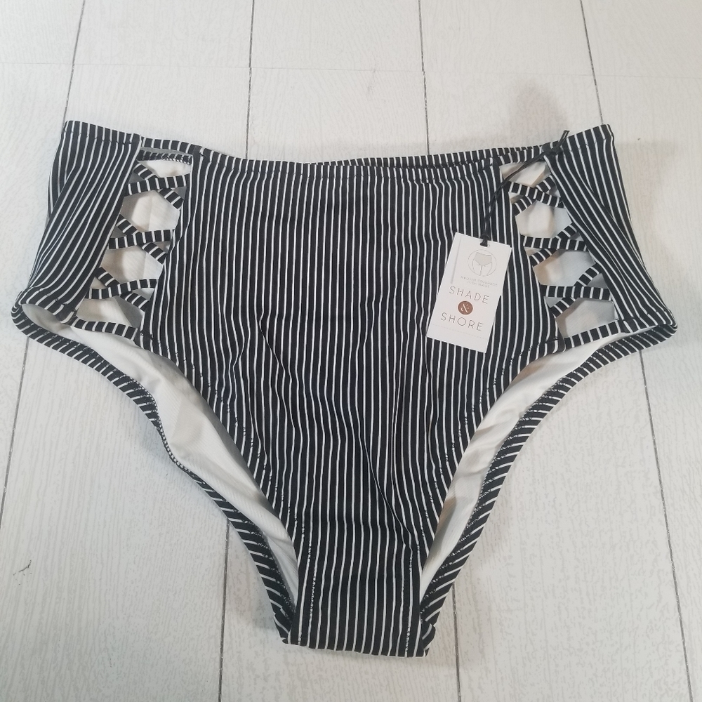 Shade & Shore Medium Coverage High Waisted Bottoms Black Pin Stripes